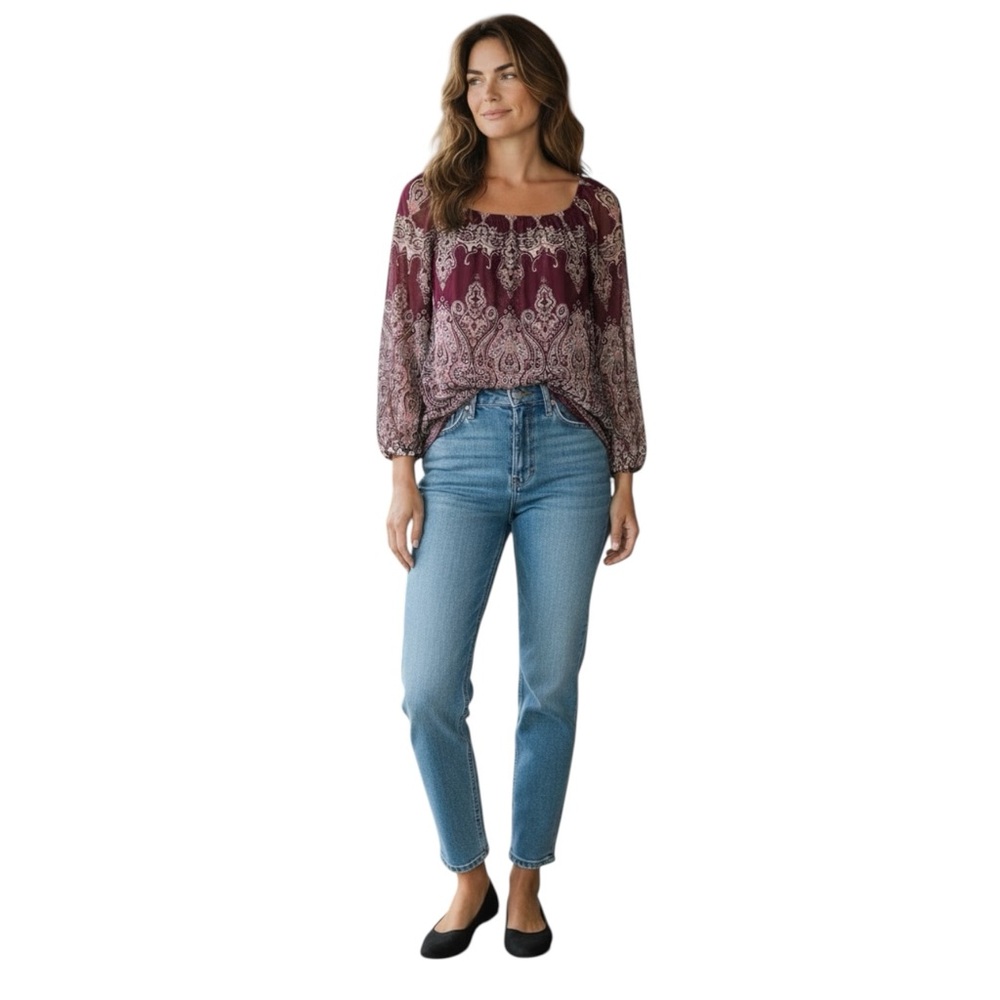 INC International Concepts Purple Paisley Long Sleeve Semi Sheer Blouse Medium